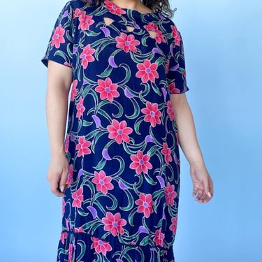 1980s Navy and Pink Floral Cut Out Dress, sz. M/L
