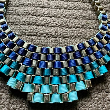 Funky Fun Vintage Bib Necklace, Choker Chain-Striking Steel Square Chain & Graduated Woven Blue Hues Ribbed Ribbon Necklace 