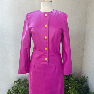 Vintage fuchsia pink Leather skirt suit Sz 6 XS Cynthia Mace 