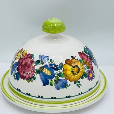 Gmundner Keramik Austria Round Covered Cheese Butter Dish, Floral Pattern, 7" D- Chip Free 