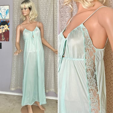 Vintage Slip Dress, Maxi Night Gown, Nightie, Sheer Lace, Low Neckline, Keyhole, Spaghetti Straps, Lingerie Negligee 