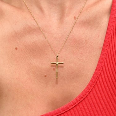 Solid 14K Yellow Gold Bamboo Cross Pendant Necklace, 1mm Cable Chain, Mini Cross Pendant, 14K CREED Jewelry, 18