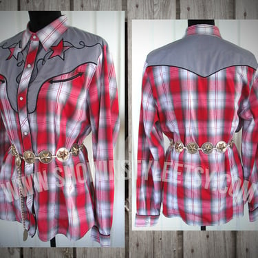 Roper Vintage Retro Women's Cowgirl Western Shirt, Western Blouse, Red & White Shadow Plaid with Stars, Tag Size Large (see meas. photo) 
