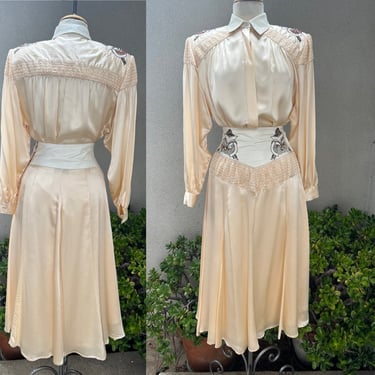 Vintage avant-garde creamy silk skirt top set leather embellisted Small Close to You 