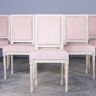 Antique French Louis XVI Style Painted Square Back Dining Chairs W/ Blush Pink Velvet - Set of 6 