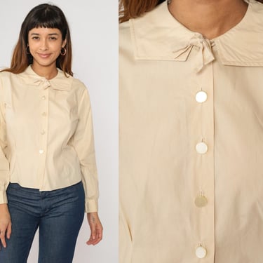 60s Bow Blouse Beige Button Up Shirt Shirt Vintage Long Sleeve Blouse Square Collar 1960s Mid Century Princess Seam Small 