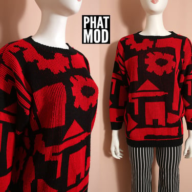Rad Vintage 80s Black & Red Graphic Geometric Shapes Pullover Sweater 