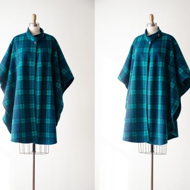 green plaid cape | 80s 90s vintage Barclay Square dark green navy one size oversized high collar soft fleece poncho 