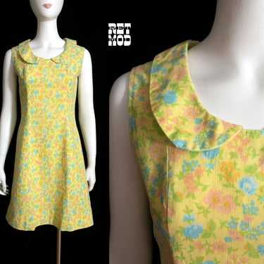 Adorable Vintage 60s 70s Pastel Yellow Floral Sleeveless Dress with Peter Pan Collar 