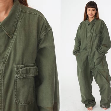 Army Coveralls 80s USN Distressed Flight Suit Military Jumpsuit US Navy Long Sleeve Boiler Suit Olive Green Vintage 1980s Men's 2xl xxl 