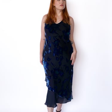 Y2K  Black and Blue Velvet Floral Maxi Dress, sz. M/L