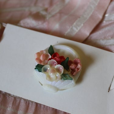 Vintage 40's 50s NOS Pink White Celluloid Basket with Sea Shells Florals brooch bouquet //  pin up Sweet 