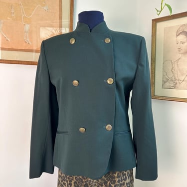 Vintage Dark Green Double-Breasted Military Style Jacket with Gold Buttons - High Neckline Blazer for Women 