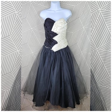 Vintage 80s Strapless Prom Dress Small Cruella de Vil Beetlejuice Cosume Black 