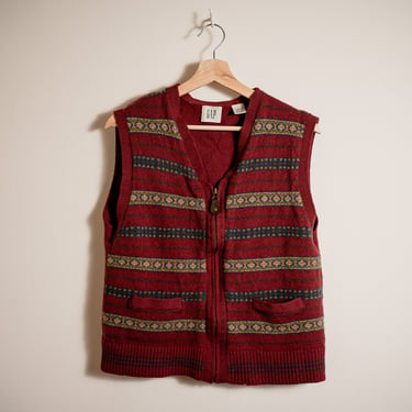 Vintage 1990s GAP Maroon Fair Isle Zip Up Wool Sweater Vest Size Medium Academia Style 
