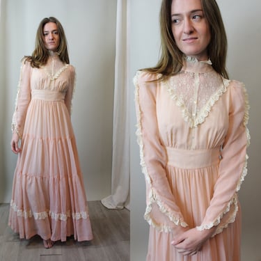 1970s GUNNE SAX peach maxi wedding dress xs | new spring 