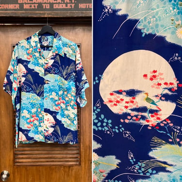 Vintage 1950’s Size XL Asian Japan Design Crepe Hawaiian Shirt, Matching Pocket, 50’s Vintage Clothing 