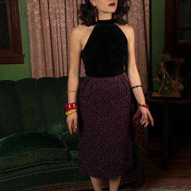 1950s Skirt - Striking Red, Purple and Black Tweed Pencil Skirt by Forstmann & Evan-Picone 