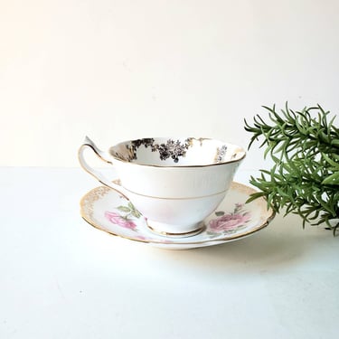 Vintage Mismatched Collingwood Bone China Teacup and Saucer/Pink Rose Gold Filigree/ Est 1796/ Made in England/ Collectible 