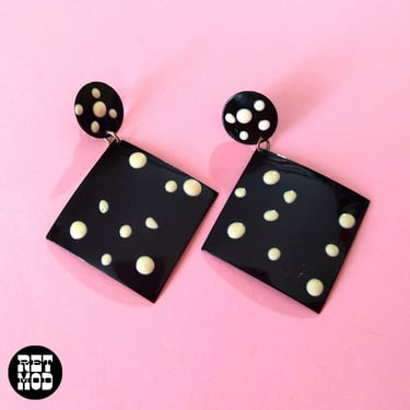Mod Vintage Black White Polka Dot Metal Drop Earrings 