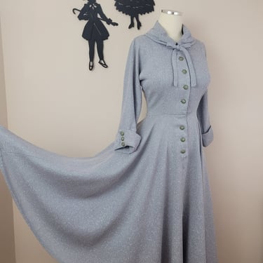 Vintage 1940's Full Skirt Day Dress / 50s Peter Pan Collar Gray Fleck Dress S 