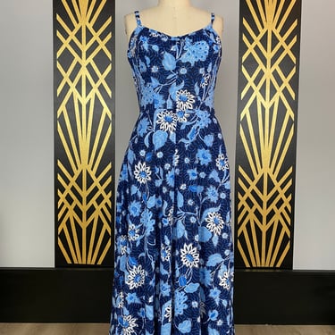 1970s sundress, blue floral, vintage 70s dress, sears fashions, maxi dress, pockets, built in bra, spaghetti straps, medium, deweese style 