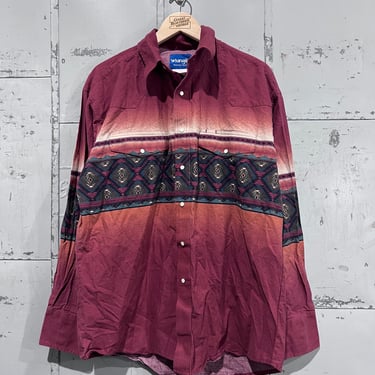 Vintage Wrangler Aztec horizontal Striped Western Button Up blue, maroon and orange 