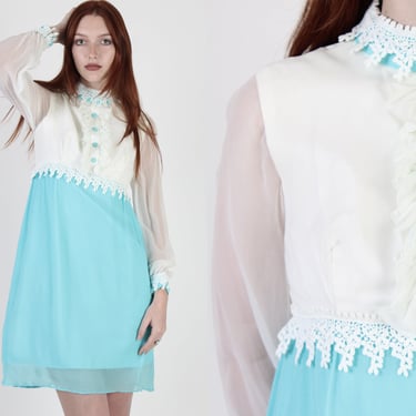 Vintage 60 Teal Chiffon Tuxedo Dress, 1960s White Mod Ruffle Chest Dress, Zip Up Full Skirt Easter Cocktail Party Mini Dress 