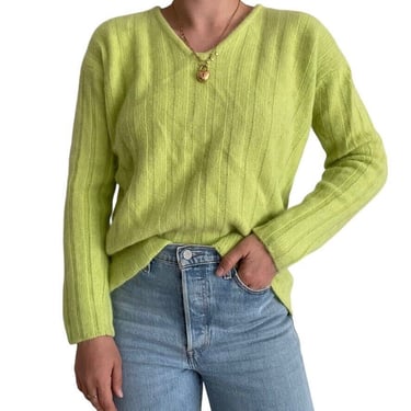 Vintage 80s Womens Gantos Soft Angora Lime Neon Green Ribbed V Neck Sweater 