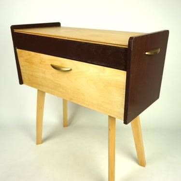 Mid century sewing box trolley, small chest of drawers, sewing box with brass handles, german wooden sewing fold out box, Box on large legs, 