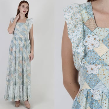 Baby Blue Patchwork Pinafore Dress / 70s Country Apron Dress / Americana Folk Calico Prairie Maxi Dress 