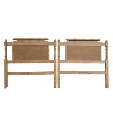 Set of 2 Vintage Twin Headboards with Faux Bamboo and Rattan - Tan Wooden Wicker Coastal Hollywood Regency Bedroom Furniture Pair 