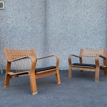 Hans Wegner 671 Rope Pair Lounge Oak Chairs 
