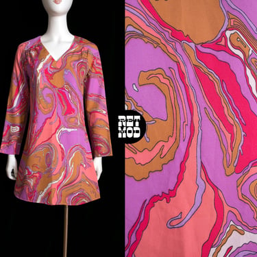 Psychedelic Perfection Vintage 60s 70s Pink Swirly Long Sleeve Go-Go Dress 