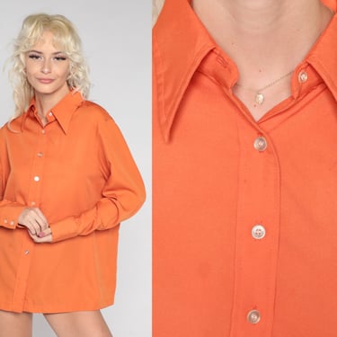 70s Orange Shirt Dagger Collar Blouse Button Up Shirt Long Sleeve Top Disco Shirt 1970s Collared Plain Oxford Extra Large xl 