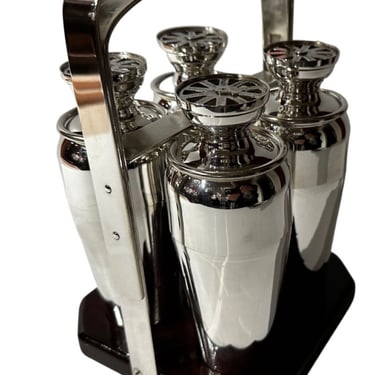 Napier 4 Cocktail Shakers Silver-Plated Five Piece Wood Caddy 