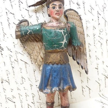 Antique 1800's Polychrome Santos Archangel with Wings, Antique Hand Carved Saint Michael, Vintage Primitive Religious Church 