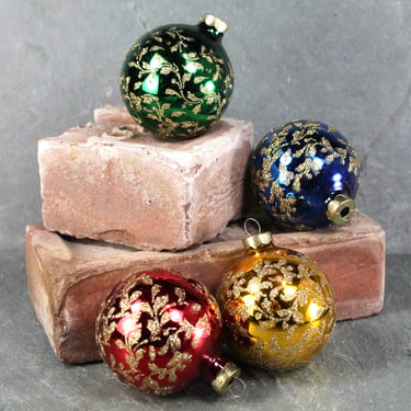 Vintage Rauch Victoria Christmas Glass Ornaments | Set of 4 Jewel Tone with Gold Glitter Ornaments in Original Box | 1983 | Bixley Shop 