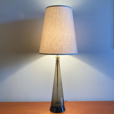 Striking Tall Italian Smoked Glass Lamp w/ New Linen Shade