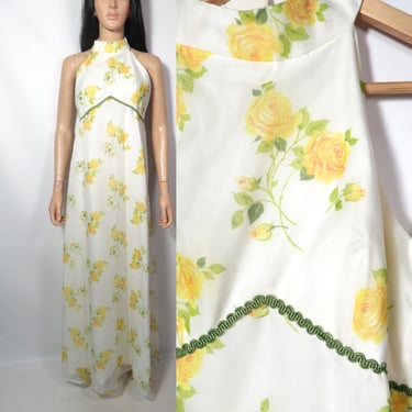 Vintage 70s Formal Halter Garden Party Rose Print Maxi Dress Made In USA Size S 