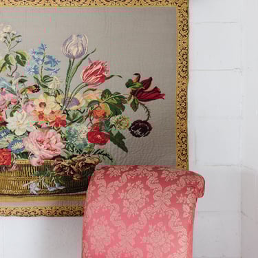 vintage french floral tapestry with gilt wood hanging rod