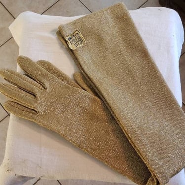 Vintage 50s/60s Gold Lame Evening Gloves/Deadstock /One Size /Tag on/Button Wrist 