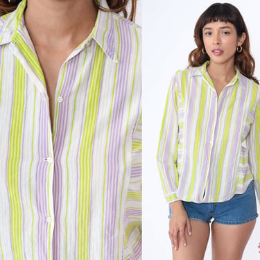 70s Striped Shirt Lime Green Lavender Purple Blouse Cotton Long Sleeve Boho Top White Button Up 1970s Collared Vertical Stripe Small 