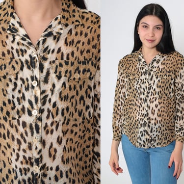 Leopard Print Blouse 90s Semi-Sheer Animal Print Button Up Shirt Long Sleeve Top Retro Cheetah Spot Top Vintage 1990s Small 4 