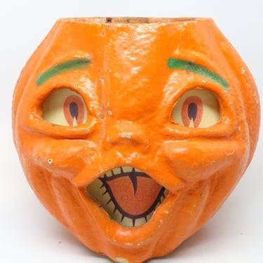 Large 7 1/2 Inch Double Face 1950's Halloween Jack-O-Lantern, Vintage with Pulp Paper Mache, JOL Face on 2 sides 