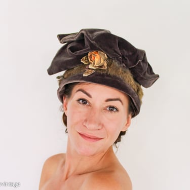 1900s Brown Velvet Hat | Turn of the Century Velvet Cloche Hat | Velvet Toque | Andreau 