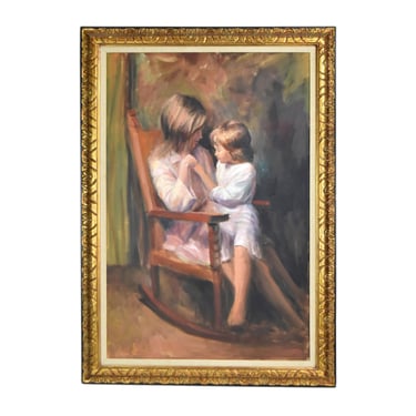 Joseph “Joe” Steiner 1970’s Oil Painting Mother and Daughter on Rocking Chair 