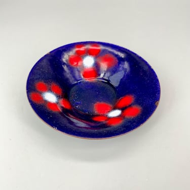Vintage Mid-Century Enamel Trinket Dish Bowl Flower Red White Blue Floral 