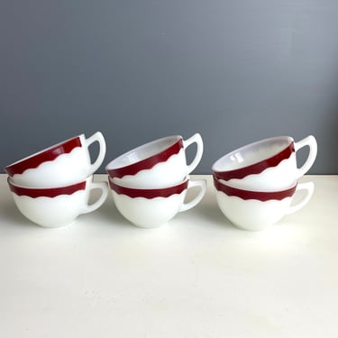 Corning restaurantware cups - set of 6 milk glass and red band - 1950s vintage 