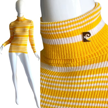 1970s Pierre Cardin Top / Mod Yellow Striped Turtleneck / vintage 70s Bold color sweater top Small 